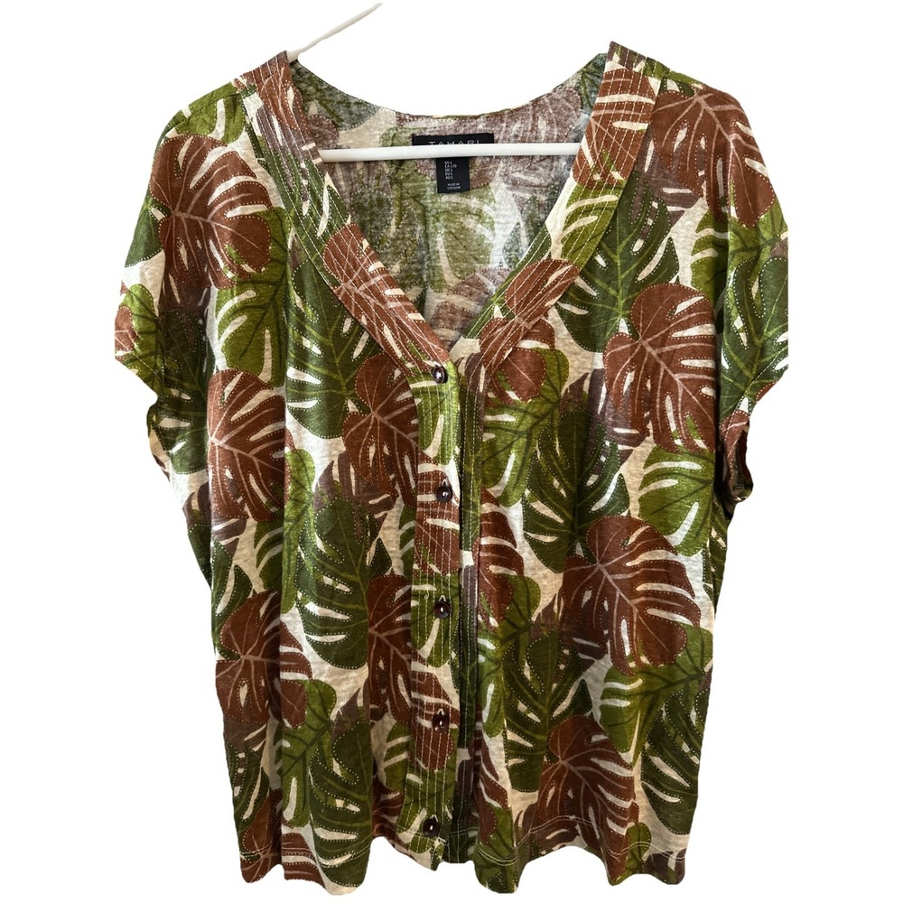 Tahari Women's 100% Limen Brown And Green Floral Blouse with Buttons Size Large